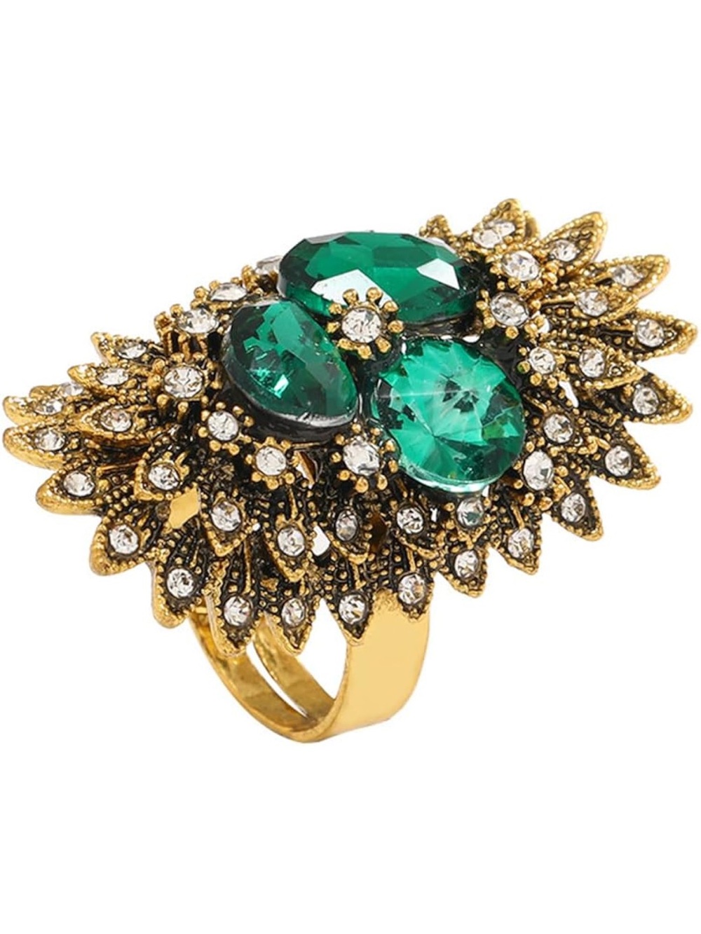 Anthropologie Gold-Tone Ring with Emerald Green Crystals